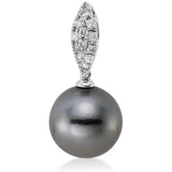 Anhänger aus 750 Weißgold Tahiti-Perle 10,5mm dunkel 12 Brillanten 0,16ct W-SI