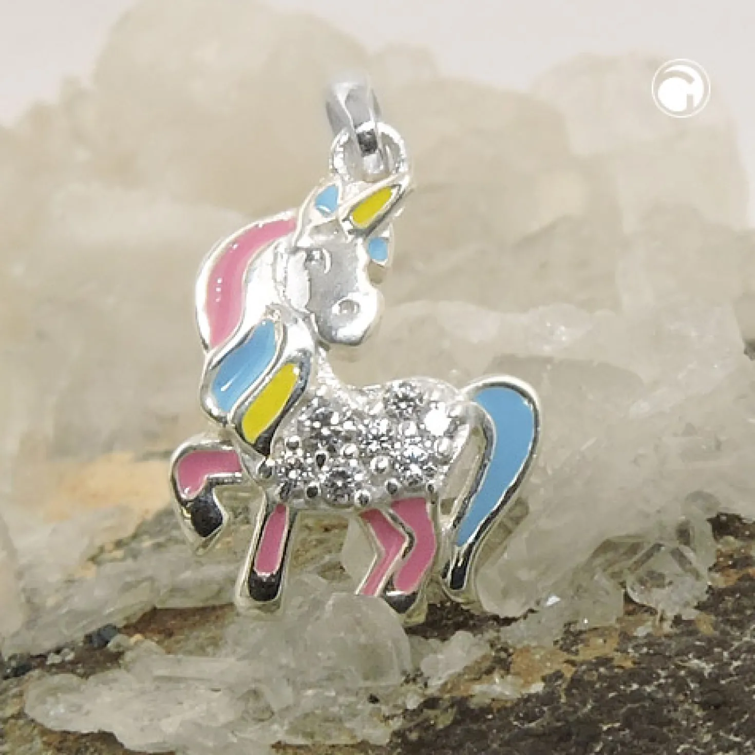 Anhänger für Kinder 15x11mm Einhorn mit farbigen Einlagen Zirkonia 925 Silber