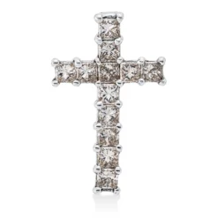 Anhänger Kreuz aus 750 Weißgold 12 Diamanten Prinzess-Schliff 1,31ct braun