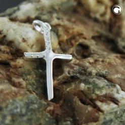 Anhänger Kreuz mit Zirkonia 20x6mm matt-glänzend aus 925 Silber