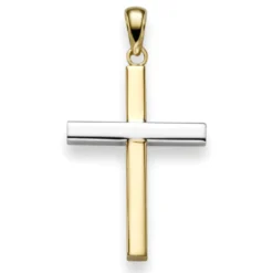 Anhänger Kreuz 30x16,5mm aus 585 Gold Gelbgold & Weißgold bicolor