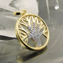 Anhänger, 15mm Baum des Lebens Lebensbaum mit weißen Zirkonia, 375 Gold Gelbgold