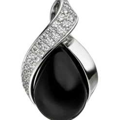 Anhänger schwarzer Onyx in Tropfenform Öse Möbius Blatt Zirkonia 925 Silber