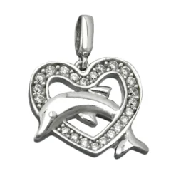 Anhänger 14x15mm Herz & springender Delfin Zirkonia weiß 925 Sterling Silber