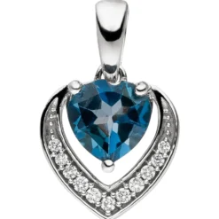 Anhänger 10,2x11,7mm Herz 585 Weißgold mit Blautopas & 11 Diamanten 0.06Ct