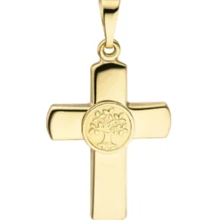 Anhänger 15x22,7mm Kreuz mit Lebensbaum in der Mitte 333 Gold Gelbgold teilmatt