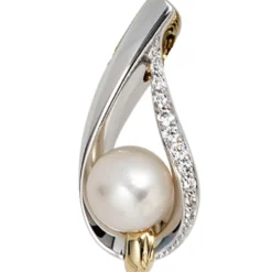 Anhänger 10,8x24,2mm Süßwasser Zuchtperle & Diamanten 0.09Ct 585 Gold gelb/weiß