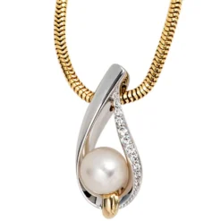 Anhänger 10,8x24,2mm Süßwasser Zuchtperle & Diamanten 0.09Ct 585 Gold gelb/weiß