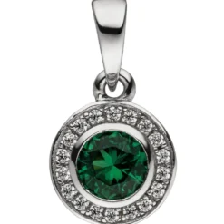 Anhänger 1 Zirkonia grün & 18 Zirkonia weiß 925 Silber rhodiniert rund Ø 7,3mm