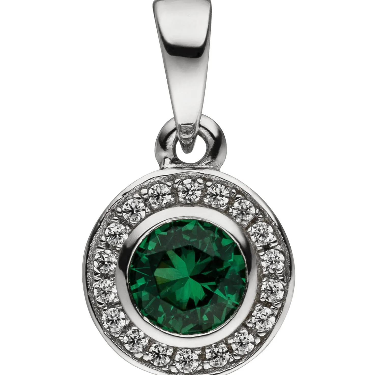 Anhänger 1 Zirkonia grün & 18 Zirkonia weiß 925 Silber rhodiniert rund Ø 7,3mm
