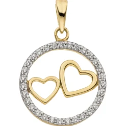 Anhänger Zwei Herzen im Kreis aus 333 Gold Gelbgold bicolor 31 Zirkonia Ø 15mm