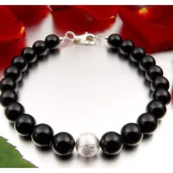 Armband Armkette Armschmuck aus echtem Onyx schwarz & 925 Silber Kugel Damen