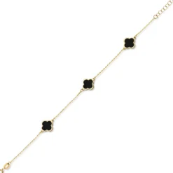 Armband Armkette 3 Kleeblatt-Blumen mit Onyx schwarz 585 Gold Gelbgold 20cm