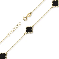 Armband Armkette 3 Kleeblatt-Blumen mit Onyx schwarz 585 Gold Gelbgold 20cm