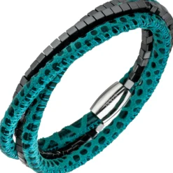 Armband Armschmuck aus Leder türkis mit Hämatit Würfeln & Edelstahl 19cm