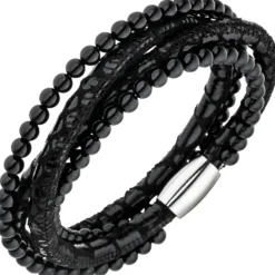 Armband Armschmuck aus Leder schwarz mit Onyx Kugeln & Edelstahl 19cm