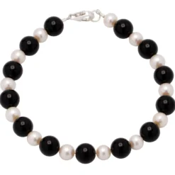 Armband Armschmuck aus Onyx & Süßwasserperlen & 925 Silber, schwarz-weiß