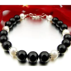 Armband aus echtem Onyx & Perlen & 925er Silber
