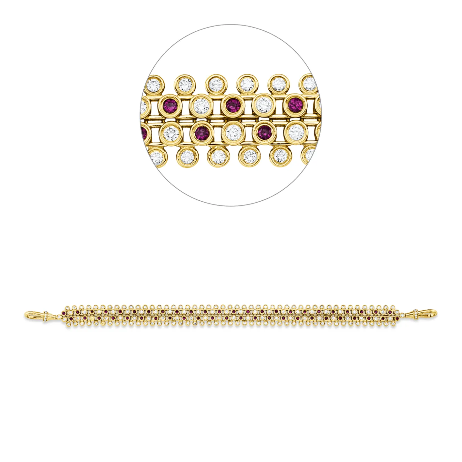 Armband aus 585 Gelbgold 48 Rubine 0,97ct rot 168 Diamanten 2,15ct TW-SI