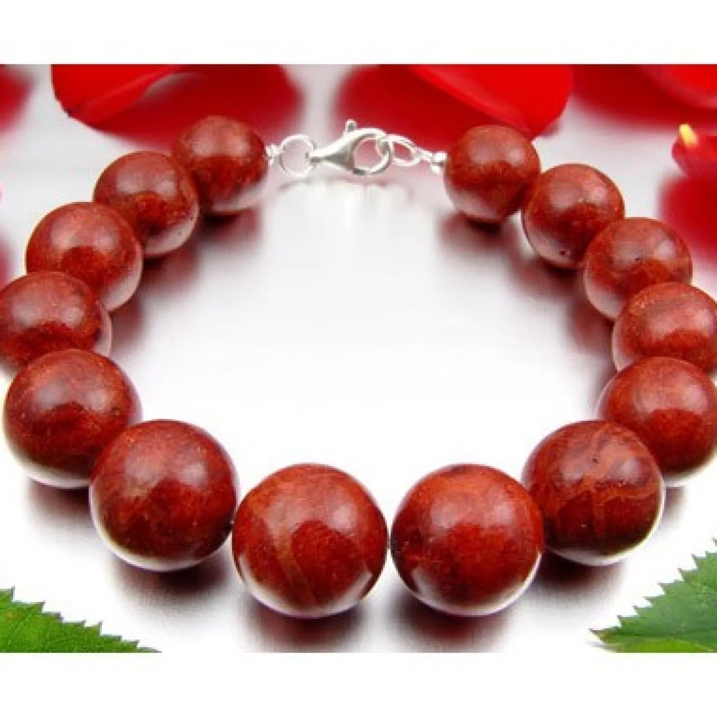 Armband aus Koralle Schaumkoralle Kugel 12mm & 925 Silber rot-braun glatt