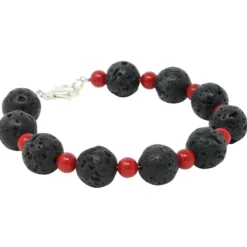 Armband aus Lava & Koralle schwarz-rot 925 Silber 21cm Armkette Kugelarmband
