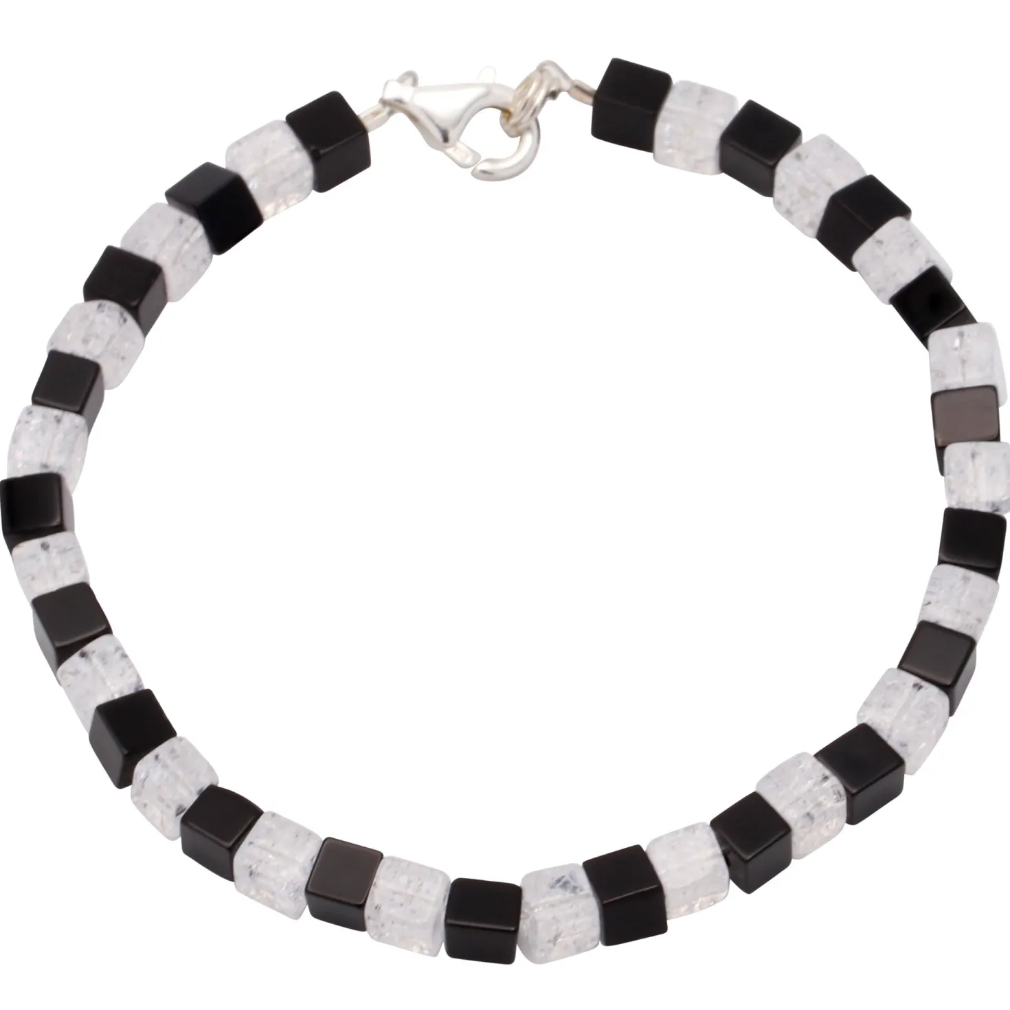Armband aus Onyx & Bergkristall & 925 Silber, schwarz weiß, Würfel