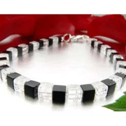 Armband aus Onyx & Bergkristall & 925 Silber, schwarz weiß, Würfel