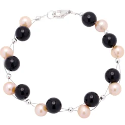 Armband aus Perlen Süßwasserperlen & Onyx rose schwarz Armkette Armschmuck Damen