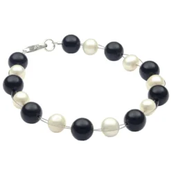 Armband aus Süßwasser Zucht-Perlen creme weiß & Onyx schwarz 925 Silber 20cm