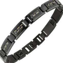 Armband, Edelstahl schwarz lackiert Carbon-Einlagen goldfarbene Striche, 21-22cm