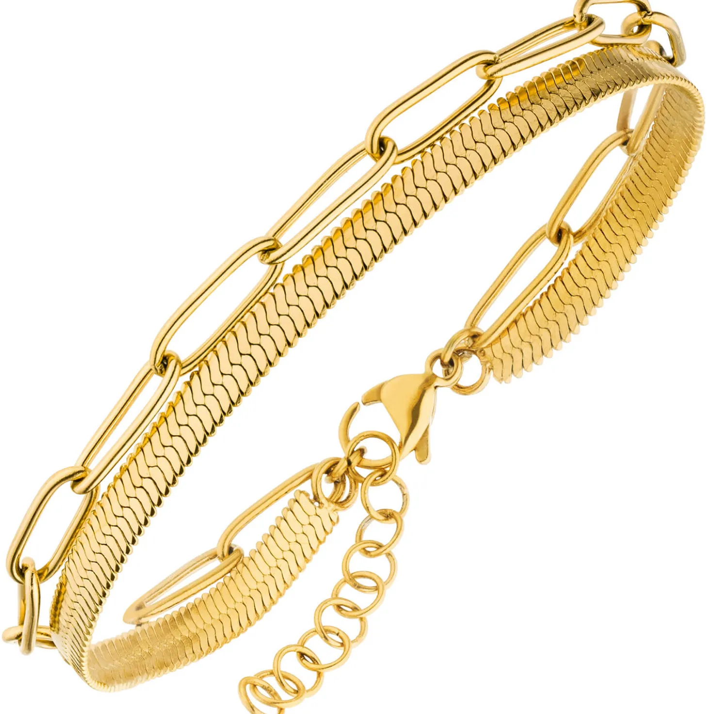 Armband flache Schlangenkette und Paper Clip Kette aus Edelstahl goldfarben 20cm