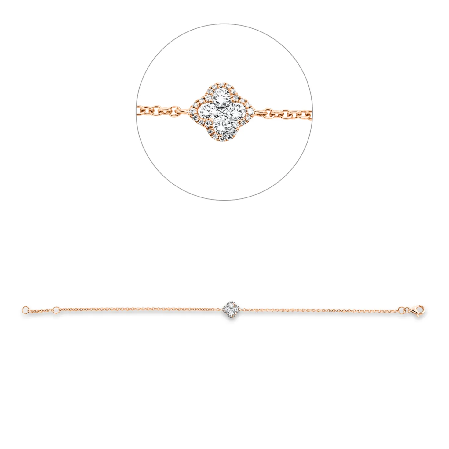 Armband Kleeblatt Blume aus 750 Rotgold 29 Diamanten 0,35ct W-SI L:17cm