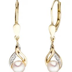Boutons Ohrhänger 6,8x27,3mm Perlen & Diamanten 0.004Ct & 585 Gelbgold