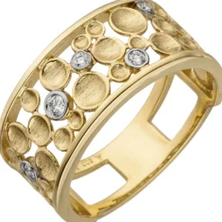 Breiter Ring 5 Brillanten 0.09Ct 585 Gelbgold kantig flach Tropfen-Muster