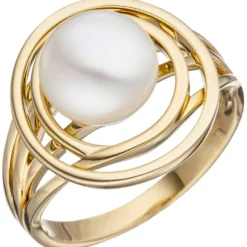 Breiter Ring Damenring mit Süßwasser Perle weiß, 585 Gold Gelbgold Goldring
