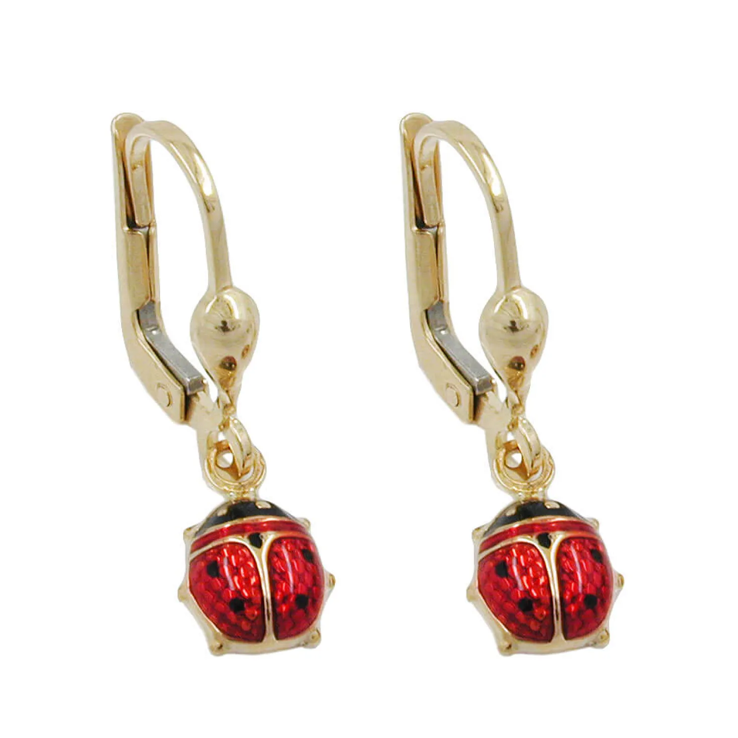 Brisur Ohrringe Ohrhänger 24x6mm Marienkäfer rot-schwarz 375 Gold Gelbgold