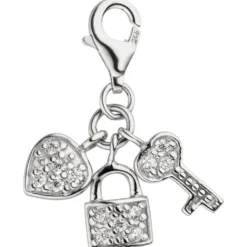 Charm Schloss mit Schlüssel zum Herzen 925 Silber 14 Zirkonia Anhänger 10x11,4mm