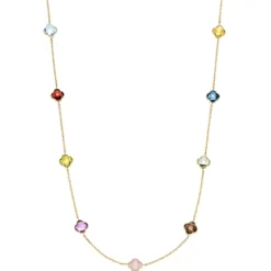 Collier aus 585 Gold Gelbgold Kleeblatt Blumen echte Edelsteine multicolor 45cm