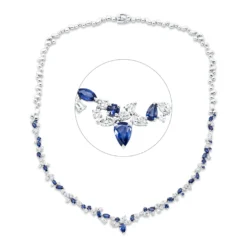 Collier aus 750 Weißgold 33 Saphire 6,53ct blau 58 Diamanten 4,4ct TW-SI L:45cm