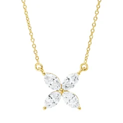 Collier Blume aus 750 Gelbgold 4 Diamanten Navette-Schliff 0,37ct TW-SI L:45cm