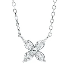 Collier Blume aus 750 Weißgold 4 Diamanten Navette-Schliff 0,2ct TW-SI L:45cm