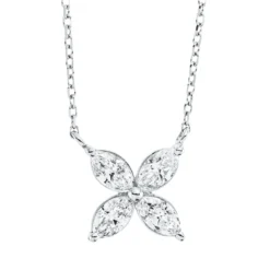 Collier Blume aus 750 Weißgold 4 Diamanten Navette-Schliff 0,64ct TW-SI L:45cm