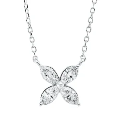 Collier Blume aus 750 Weißgold 4 Diamanten Navette-Schliff 0,4ct TW-SI L:45cm