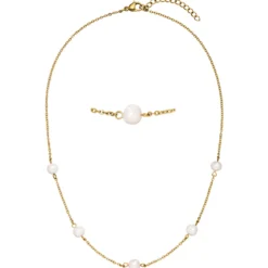 Collier Halskette aus Edelstahl vergoldet mit 5 Süßwasser Perlen weiß 42-46cm