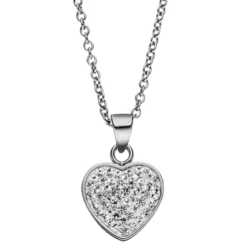 Collier Kette mit Anhänger Herz Herzanhänger, weiße Kristalle, Edelstahl, 45cm