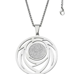 Collier Kette mit Anhänger rund mit Muster Glitzer Glitzereffekt Edelstahl, 80cm