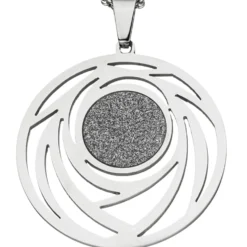 Collier Kette mit Anhänger rund mit Muster Glitzer Glitzereffekt Edelstahl, 80cm