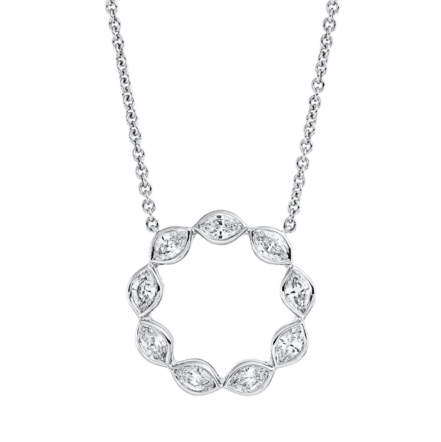 Collier Kreis aus 750 Weißgold 9 Diamanten Navette-Schliff 0,78ct TW-SI L:42cm