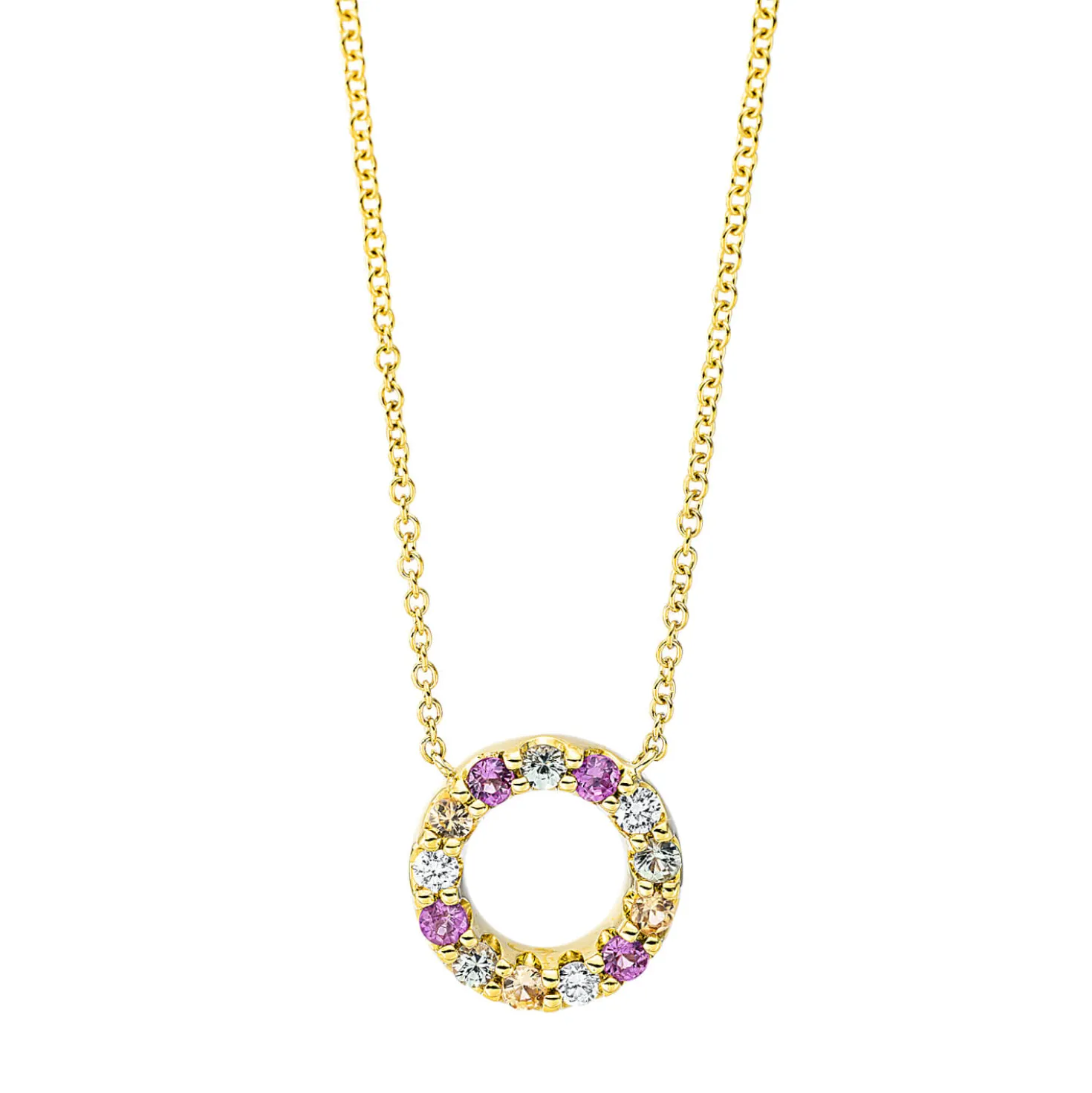 Collier Kreis 750 Gelbgold 10 Saphire 0,26ct mehrfarbig 3 Brillanten 0,06ct TW-SI