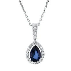 Collier Tropfen 750 Weißgold Saphir 0,68ct blau 24 Brillanten 0,15ct F-SI L:45cm